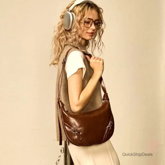 Vegan Leather Hobo Shoulder Bag Adjustable Strap Compact Travel Purse